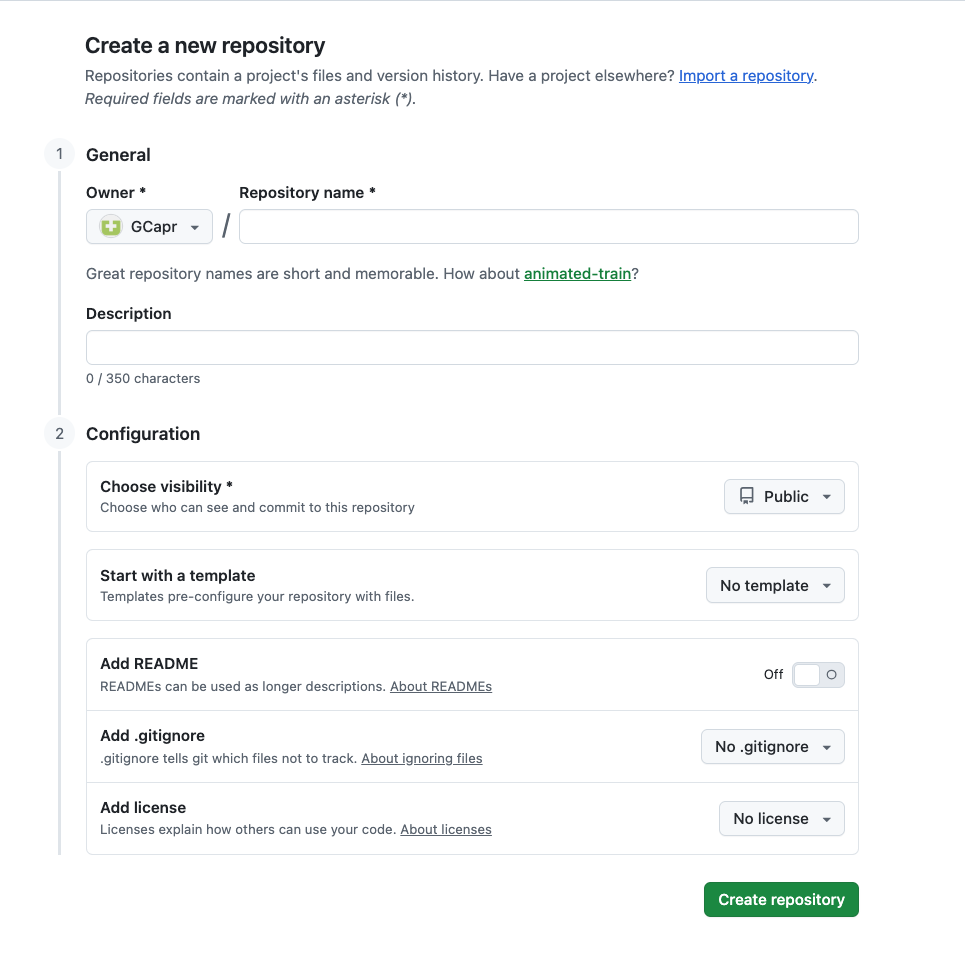 GitHub repository initialization: README, .gitignore, and License options